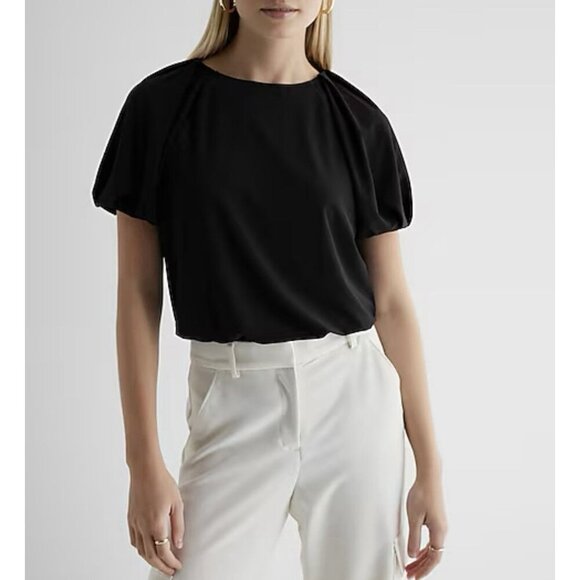 Express Women's Crew Neck Puff Sleeve Bodysuit Size S Black Short Sleeves NWT$58 - Picture 1 of 16